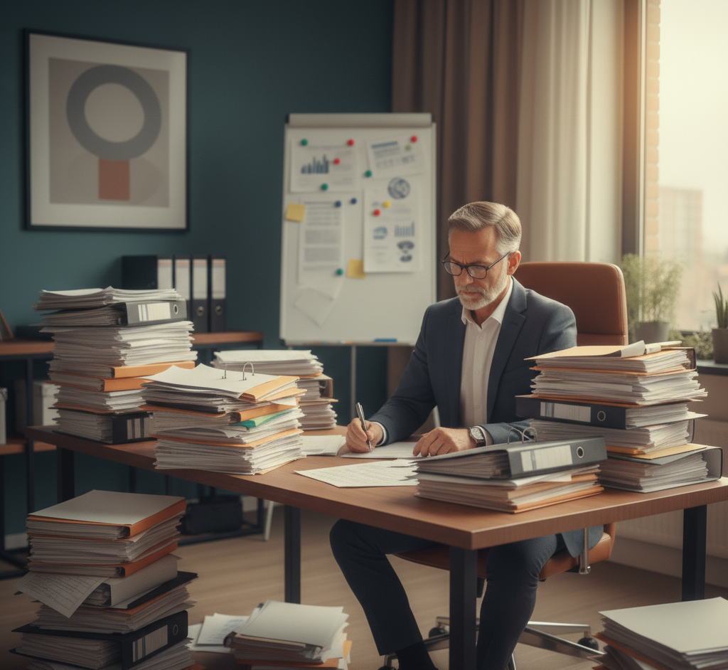 Geschäftsmann arbeitet konzentriert im Büro an einem Schreibtisch voller Akten und Dokumente, Symbolbild für klassische Büroarbeit, Datenverwaltung und organisatorische Prozesse vor der digitalen Transformation.