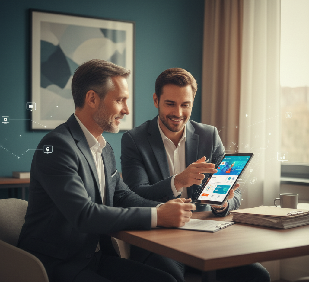 Zwei Geschäftsleute im modernen Büro analysieren gemeinsam Daten auf einem Tablet, Symbolbild für digitale Beratung, KI-gestützte Strategien und datenbasiertes Entscheidungsmanagement in Unternehmen.