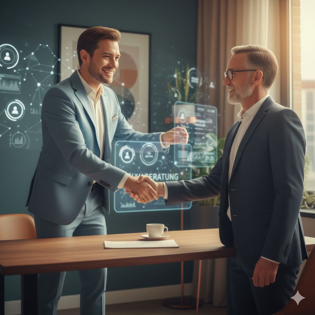 Zwei Geschäftsleute im modernen Büro beim Handschlag während eines Beratungsgesprächs, mit digitalen Grafiken zur Künstlichen Intelligenz und dem Schriftzug „KI-Beratung“, Symbolbild für moderne Unternehmensberatung mit KI-Technologien.