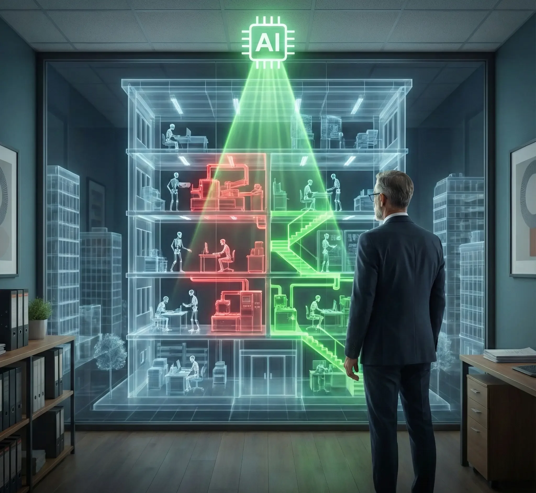 Ein Geschäftsinhaber betrachtet ein holografisches Firmengebäude, das von einer KI analysiert wird. Rote Bereiche zeigen ineffiziente Prozesse, grüne Bereiche optimierte Abläufe.