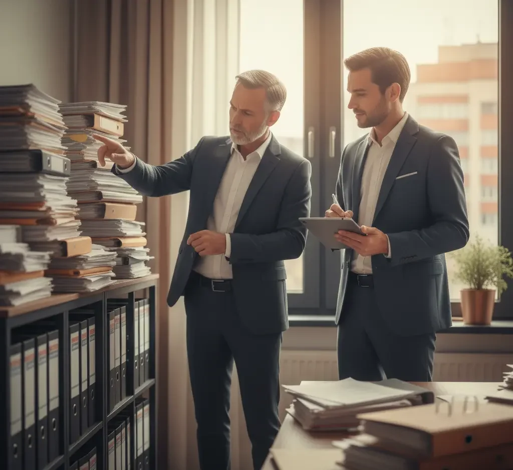 Zwei Geschäftsleute im modernen Büro analysieren Aktenstapel und besprechen Strategien zur digitalen Transformation und Prozessoptimierung, Symbolbild für effizientes Datenmanagement im Unternehmen.
