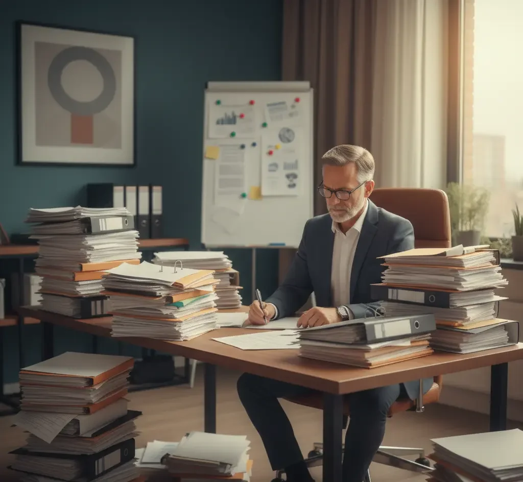 Geschäftsmann arbeitet konzentriert im Büro an einem Schreibtisch voller Akten und Dokumente, Symbolbild für klassische Büroarbeit, Datenverwaltung und organisatorische Prozesse vor der digitalen Transformation.