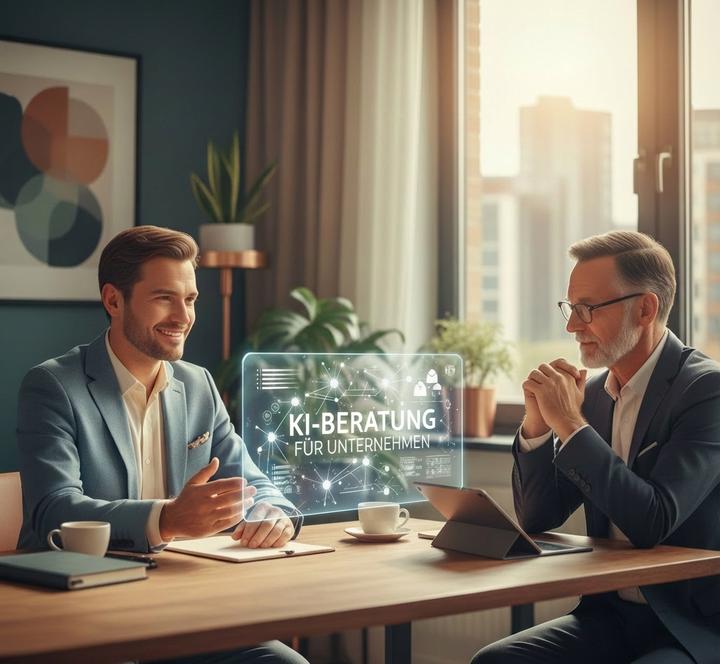 Zwei Geschäftsleute im modernen Büro im Beratungsgespräch, digitale Grafik mit dem Schriftzug KI-Beratung für Unternehmen