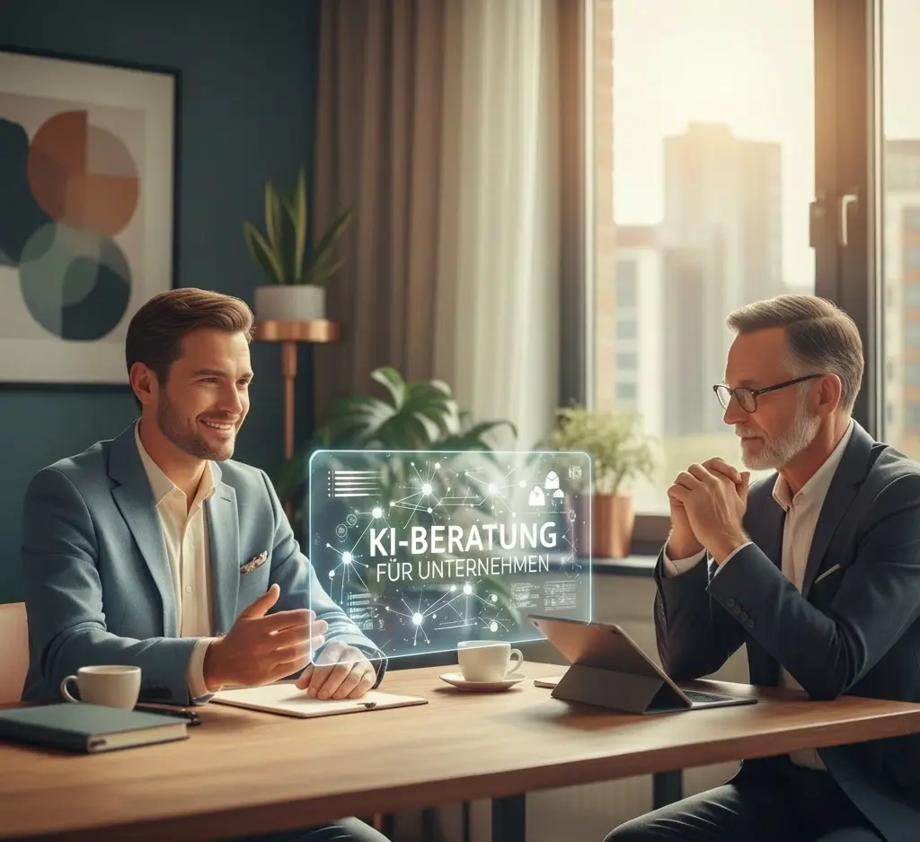 Zwei Geschäftsleute im modernen Büro im Beratungsgespräch, digitale Grafik mit dem Schriftzug KI-Beratung für Unternehmen.