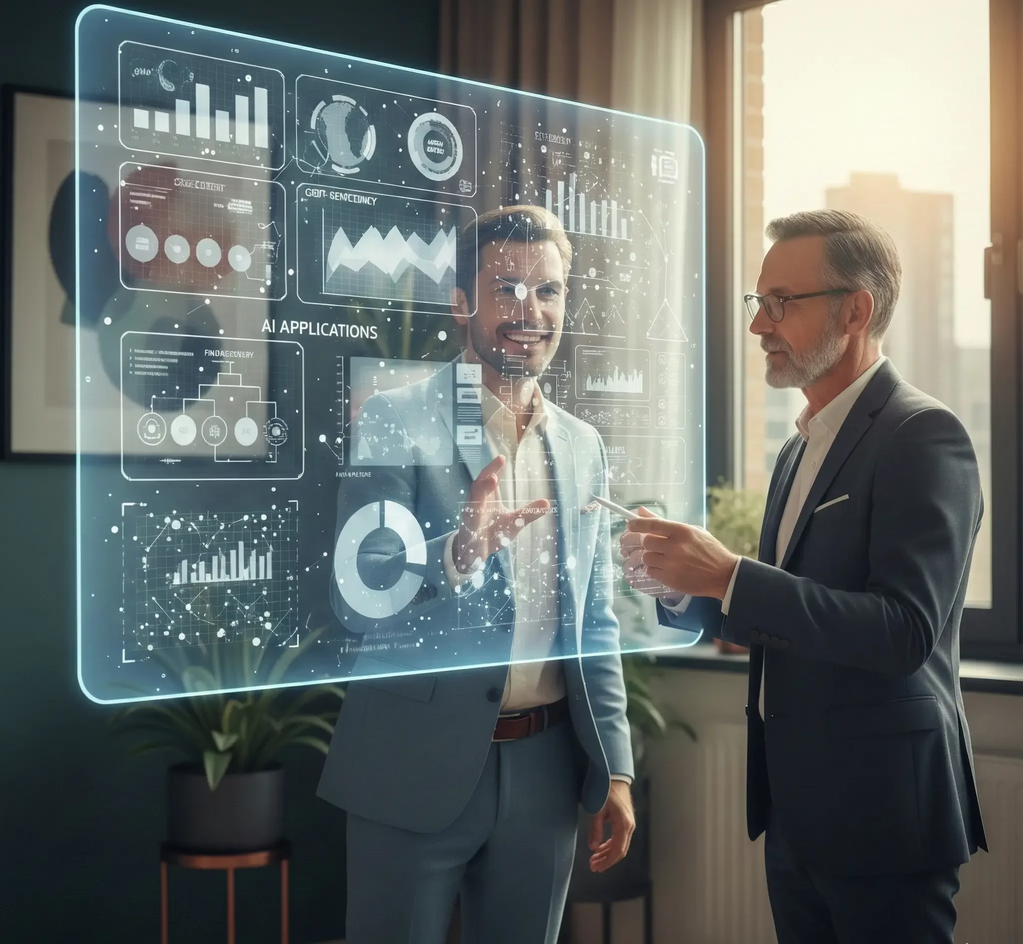 Zwei Geschäftsleute im modernen Büro betrachten holografische Datenvisualisierungen zu KI-Anwendungen.