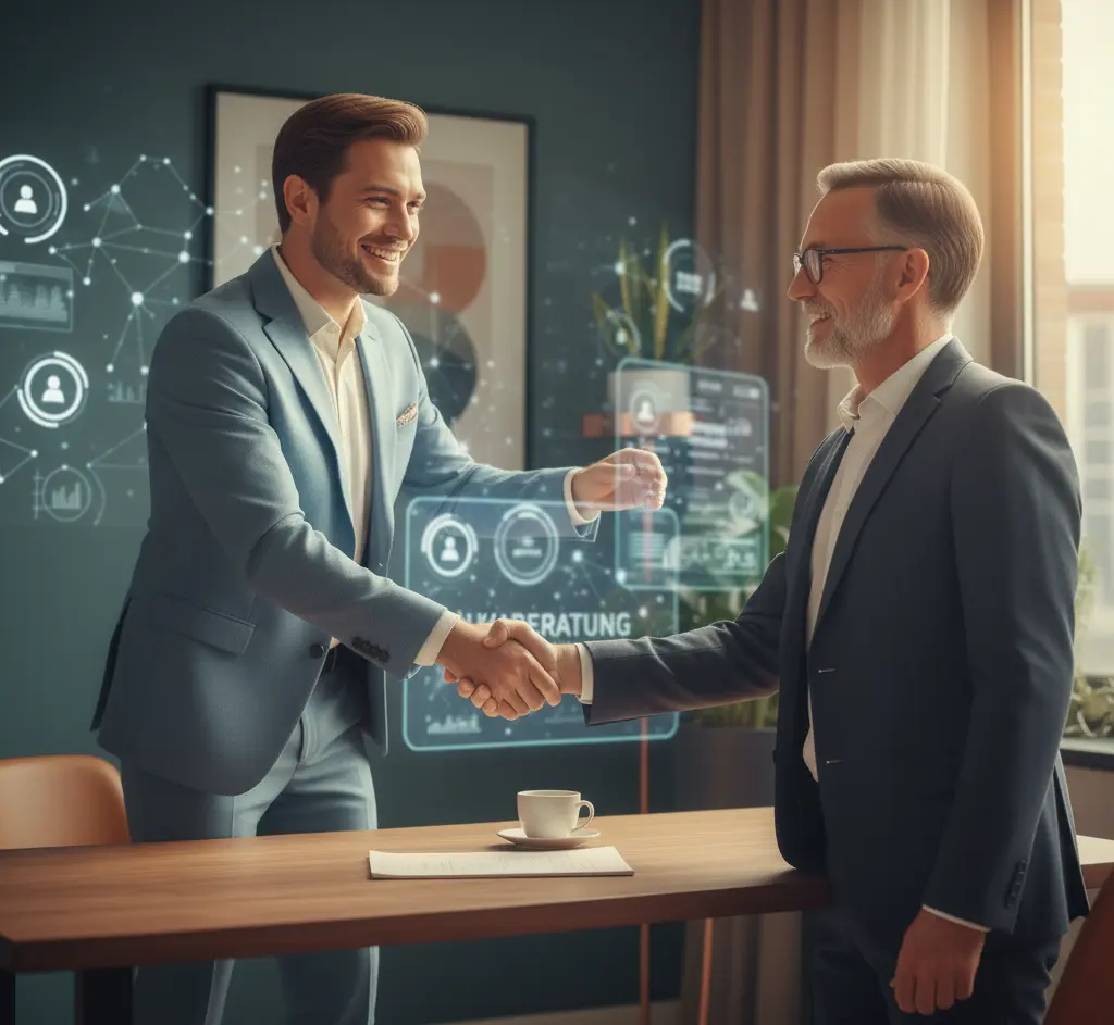 Zwei Geschäftsleute im modernen Büro beim Handschlag während eines Beratungsgesprächs, mit digitalen Grafiken zur Künstlichen Intelligenz und dem Schriftzug „KI-Beratung“, Symbolbild für moderne Unternehmensberatung mit KI-Technologien.