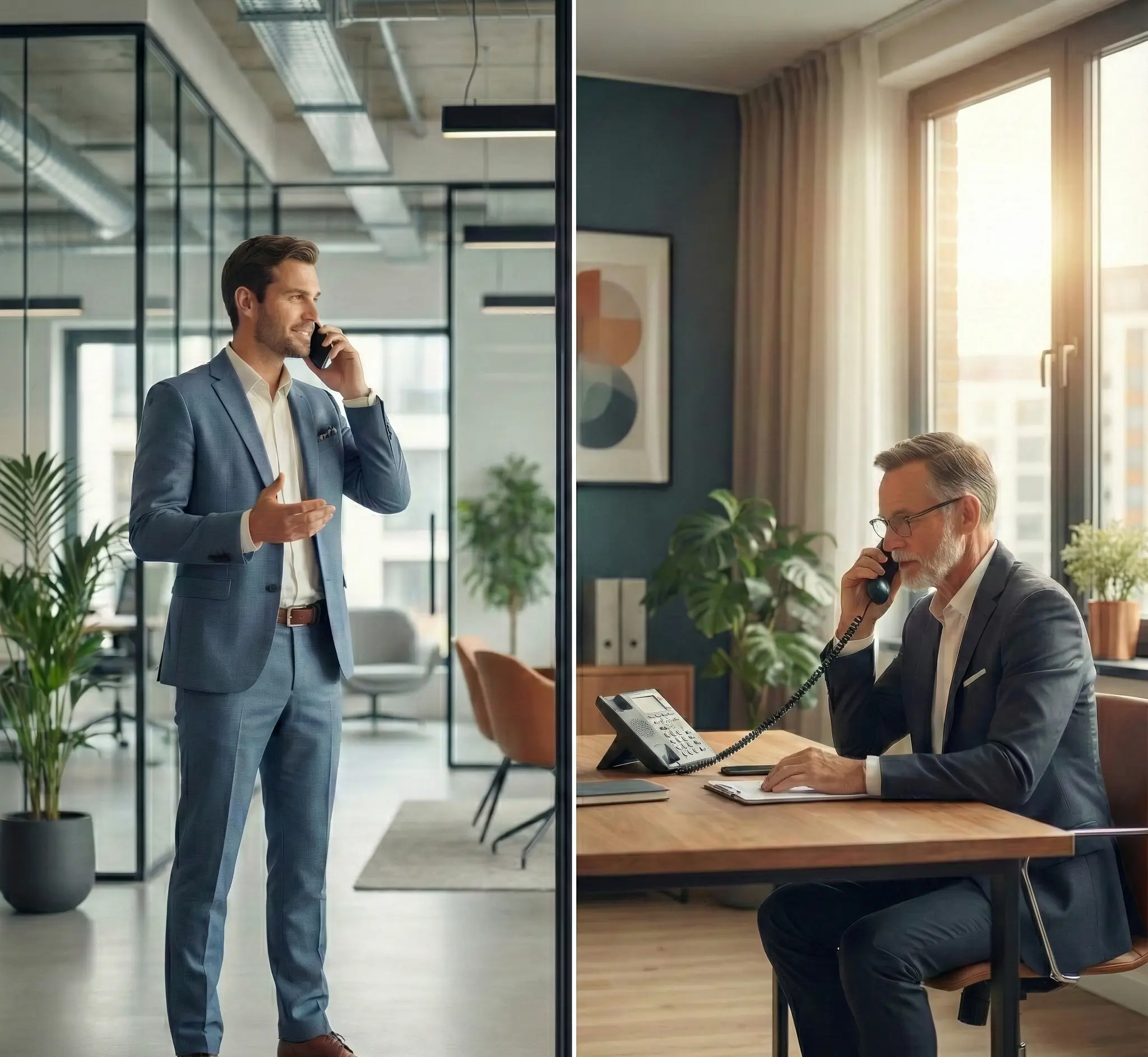 KI-Beratung für Unternehmen: Digitaler Berater spricht telefonisch mit Geschäftsführer über KI-Strategie und Prozessoptimierung