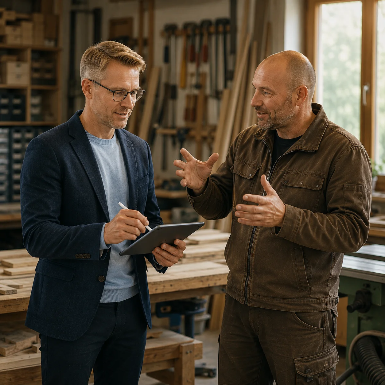 Der Schreinermeister schildert dem Berater der Agentur, was er genau an Unterstützung durch Künstliche Intelligenz im Büro helefen soll.