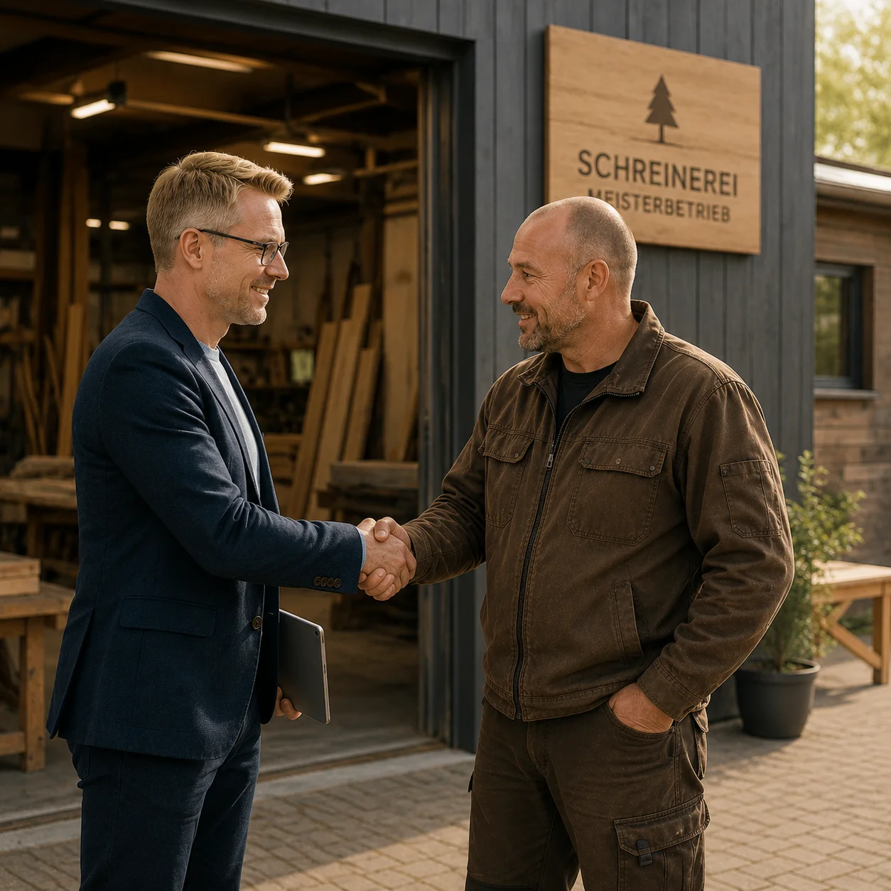 Der Berater der Agentur Schlagschnur steht mit dem Schreinermeister vor seinem Betrieb. Sie schütteln sich freundlich die Hände zum Abschied.