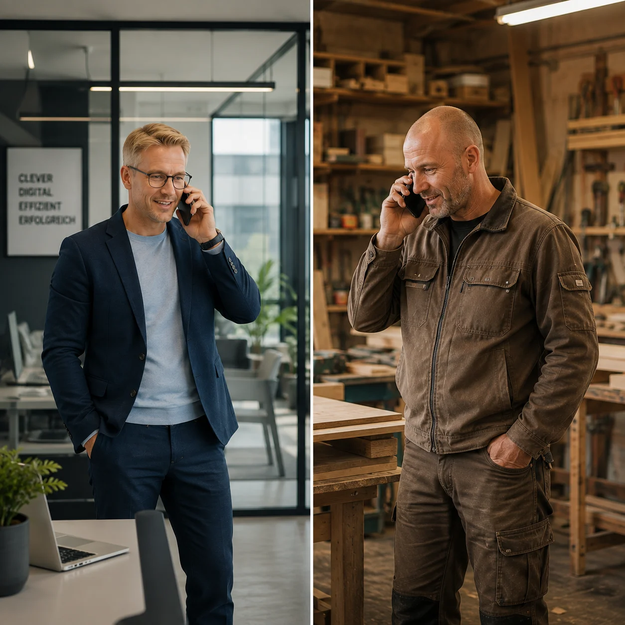 KI-Einsatz im Büro eines handwerksbetriebes: Berater der Agentur Schlagschnur spricht am Telefon telefonisch mit dem Schreinermeister.