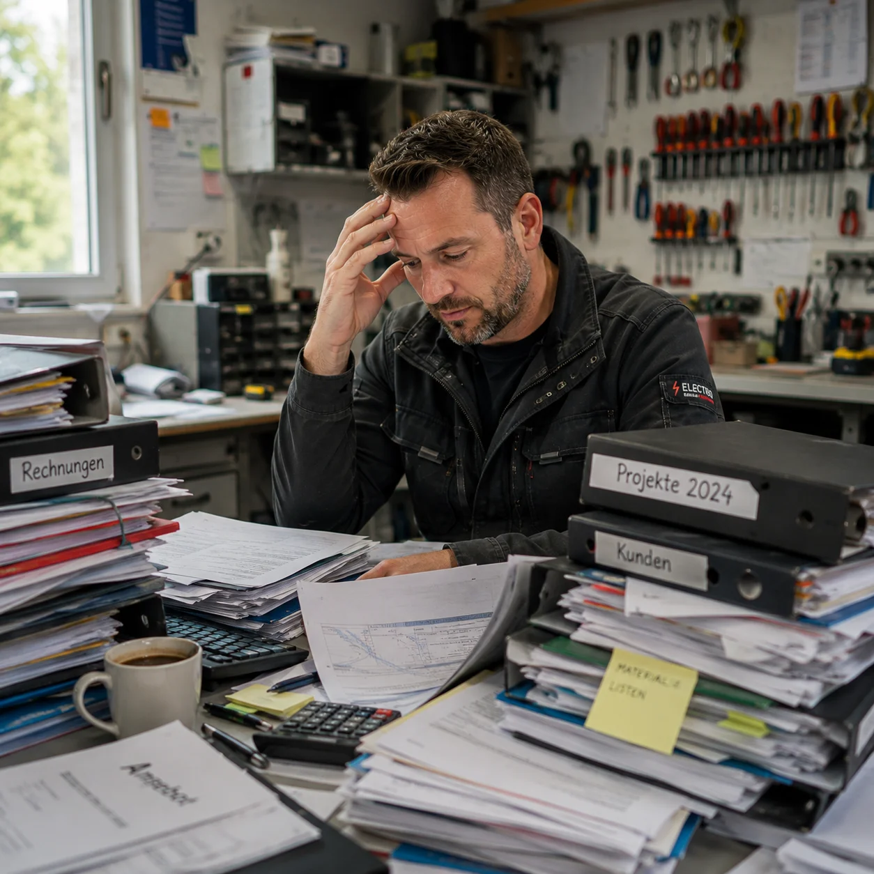 KI für Handwerksbetriebe: Ein Handwerksmeister sitzt frustriert am Schreibtisch vor einem riesigen Berg an Aktenordnern und Papierkram.