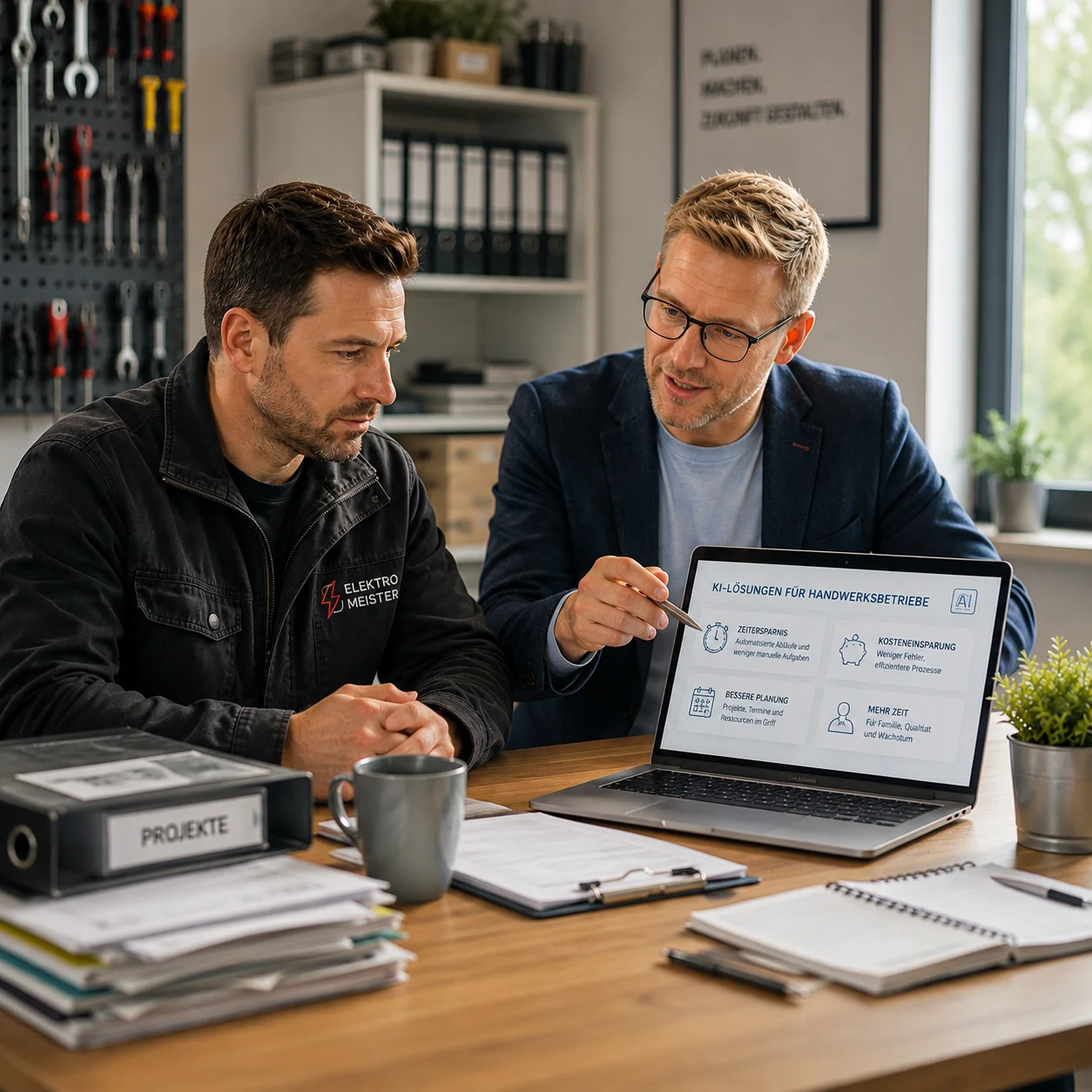 Der berater der Agentur Schlagschnur analysiert gemeinsam mit einem Handwerksmeister Daten auf einem Tablet, Symbolbild für digitale Beratung, KI-gestützte Strategien und datenbasiertes Entscheidungsmanagement in Unternehmen.