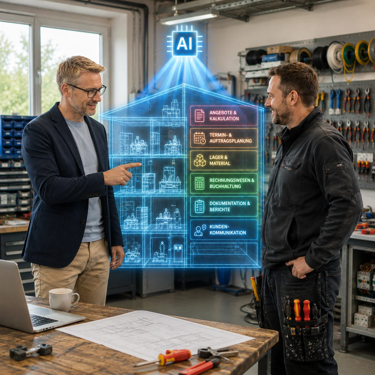 KI für Handwerksbetriebe: Ein Handwerksmeister betrachtet ein holografisches Firmengebäude, das durch Künstliche Intelligenz analysiert wird, um ineffiziente Prozesse aufzudecken.